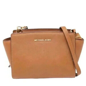 Michael Kors Selma Medium Saffiano Leather Crossbody Bag Cognac Brown Women's